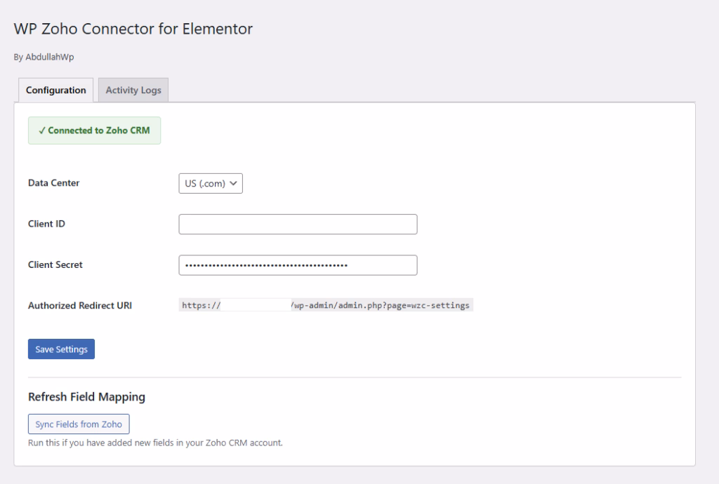 Screenshot Of Zoho Api Console For The Zoho Crm Elementor Integration.