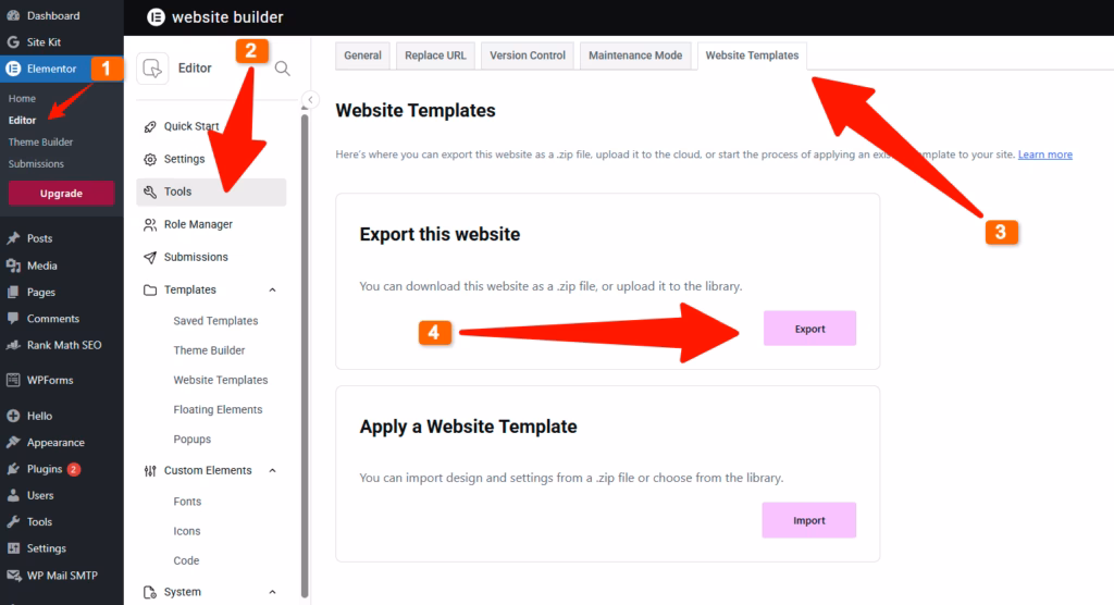 Dashboard View Showing How To Export Elementor Global Styles Via The Tools Menu.