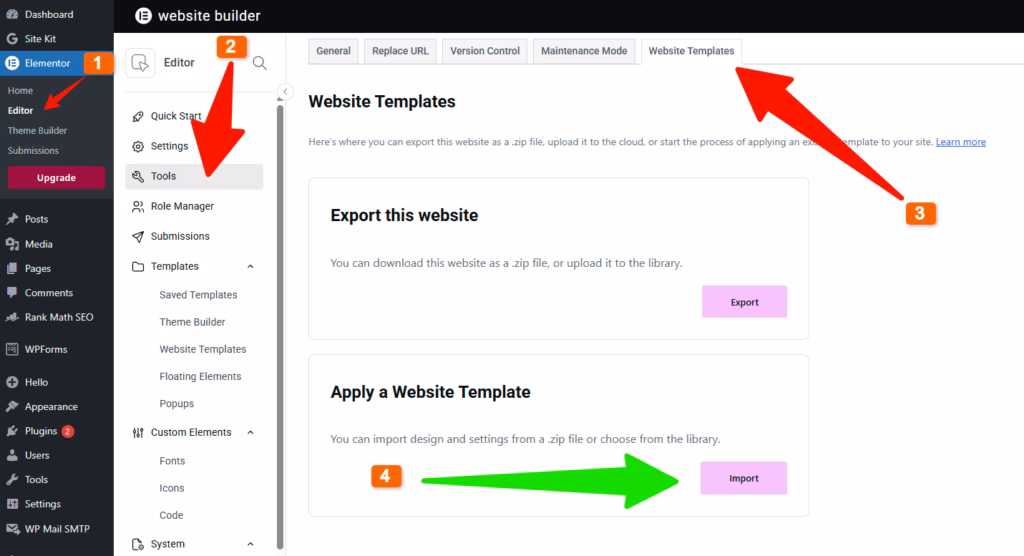 Dashboard View Showing How To Import Elementor Global Styles Via The Tools Menu.