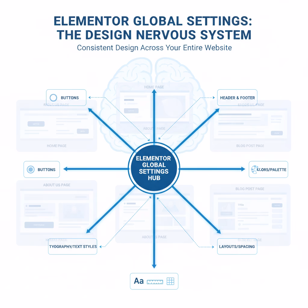 Diagram Showing Elementor Global Settings Centrally Controlling Website Design Elements.