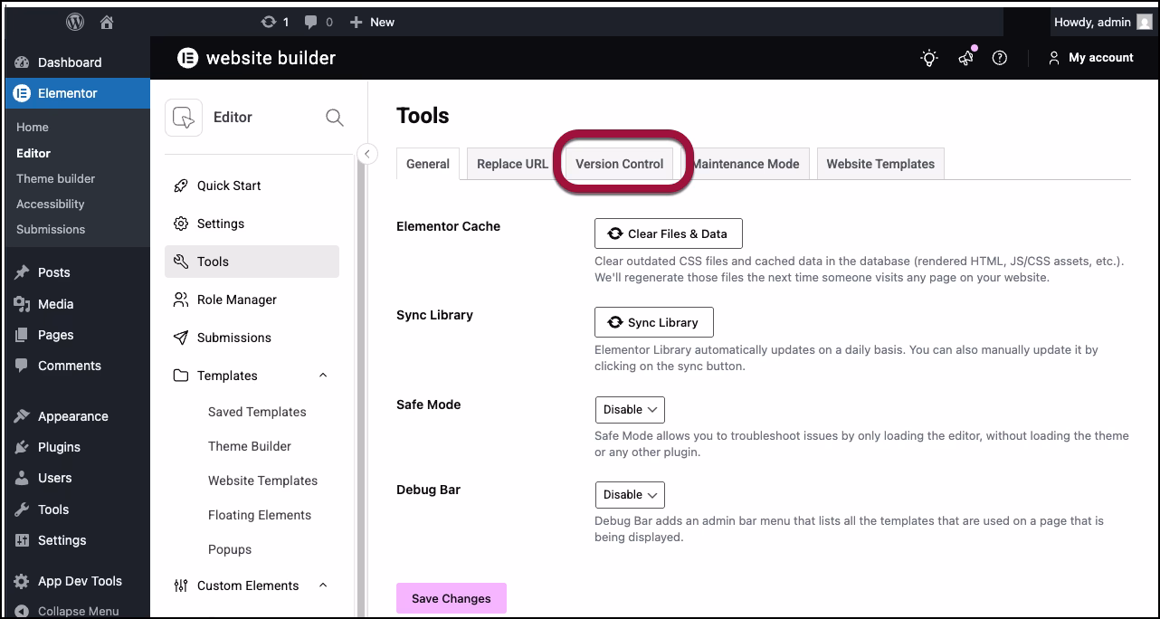 Elementor Version Control Tab Used To Select A Rollback Version