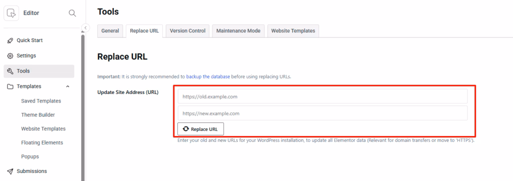 Screenshot Of Elementor Replace Url Tool